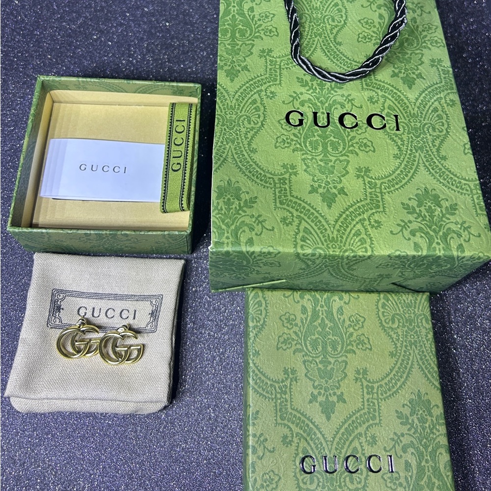 Gucci Gold GG Logo Stud Earrings New